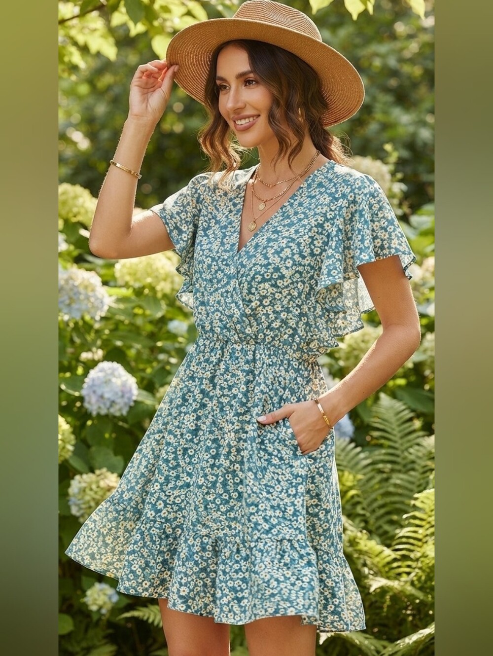 Manydress Teal Blue Floral Ruffle Sleeve Fit & Flare Mini Dress Large Boho EUC